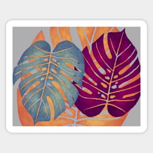 MONSTERA LEAVES - Orange, Magenta, & Blue Swiss Cheese Leafs On Gray Sticker